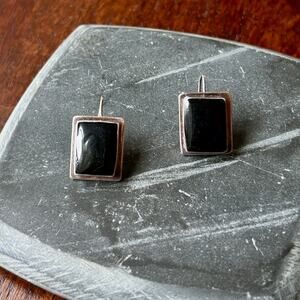 Vintage Onyx Sterling Silver Mexico Earrings, Stamped 925, 14 grams